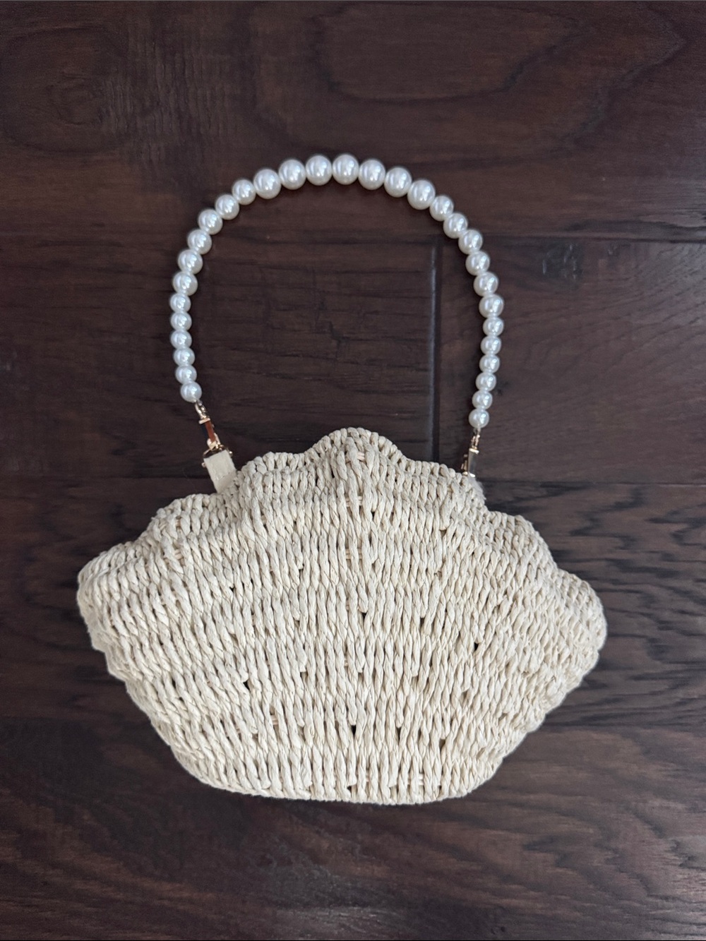 a new day Cream Raffia Shell Mini Bag with Pearl Handle